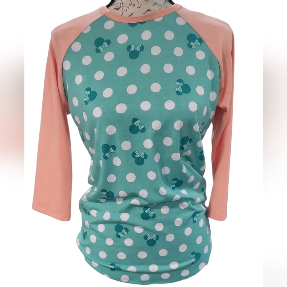DISNEY Lularoe Green & Peach Randy Tshirt with Minnie Mouse & Polka Dots. XS NWT